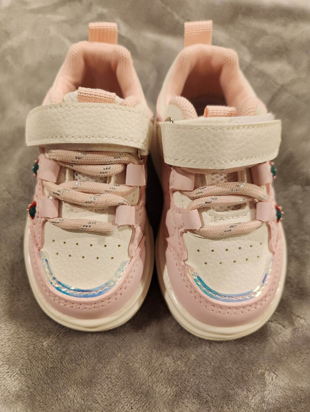 NWT Toddler Pink and White Velcro Sneakers With Strawberry Accent, Size 22 or 6T